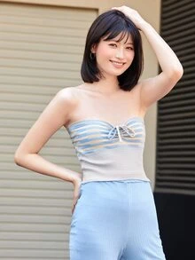 條紋圖案短款針織掛脖上衣 - 淺藍色 - 查看 1