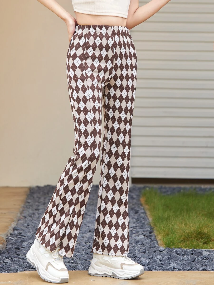 Argyle Plaid Slit Hem Flare Leg Pants - Multicolor - View 1