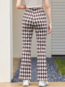 Argyle Plaid Slit Hem Flare Leg Pants - Multicolor - View 2
