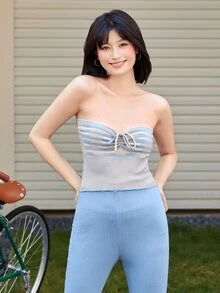條紋圖案短款針織掛脖上衣 - 淺藍色 - 查看 3