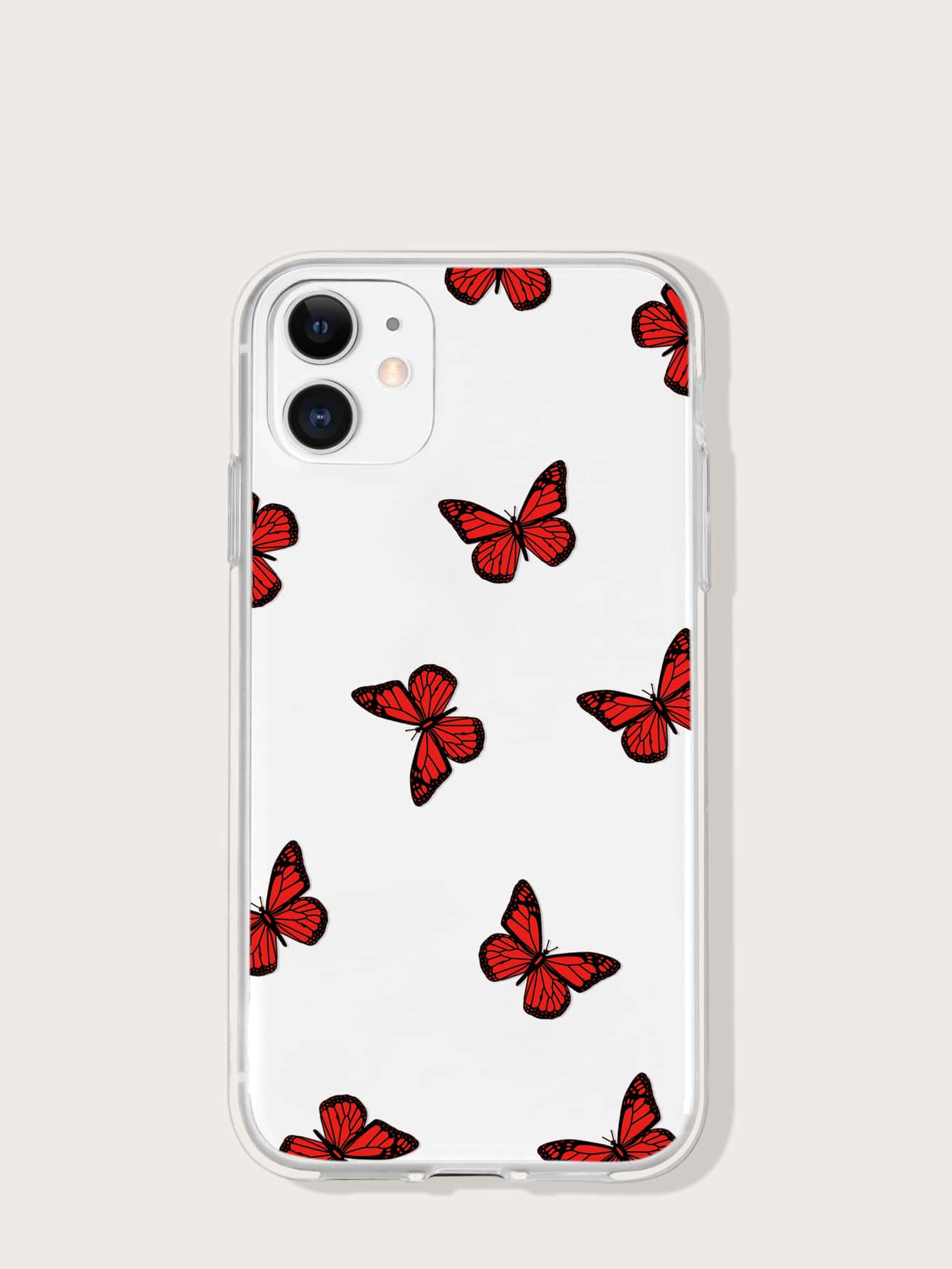 Butterfly Print Clear Phone Case - Red - View 1
