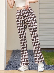 Argyle Plaid Slit Hem Flare Leg Pants - Multicolor - View 3