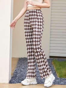 Argyle Plaid Slit Hem Flare Leg Pants - Multicolor - View 4