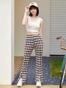 Argyle Plaid Slit Hem Flare Leg Pants - Multicolor - View 5