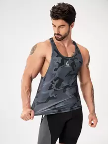 Manfinity Fitness Débardeur de sport style boyfriend pour hommes avec imprimé camouflage et lettres. Pack de débardeurs de sport