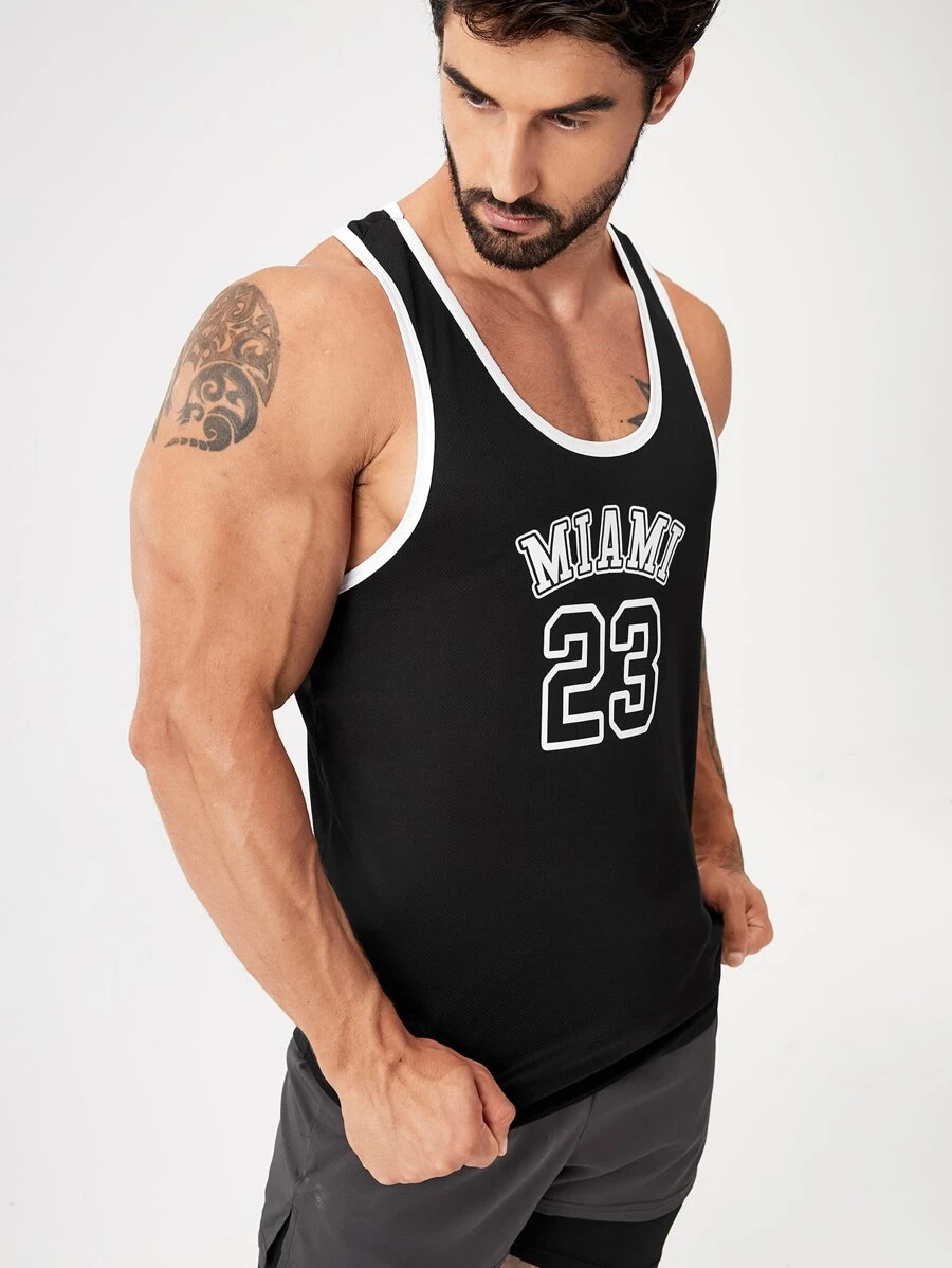 Manfinity Fitness Men Letter Graphic Contrast Binding Sports Tank Top Workout Tops - Black and White - View 1