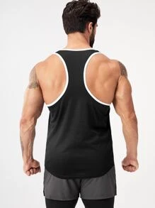 Manfinity Fitness Men Letter Graphic Contrast Binding Sports Tank Top Workout Tops - Black and White - View 2