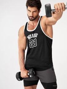 Manfinity Fitness Men Letter Graphic Contrast Binding Sports Tank Top Workout Tops - Black and White - View 3