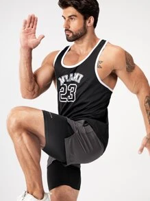 Manfinity Fitness Men Letter Graphic Contrast Binding Sports Tank Top Workout Tops - Black and White - View 4