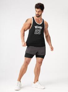 Manfinity Fitness Men Letter Graphic Contrast Binding Sports Tank Top Workout Tops - Black and White - View 5