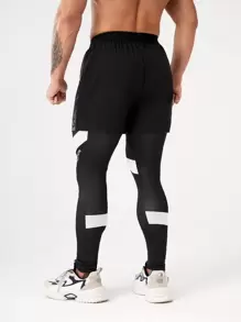 Manfinity Fitness Men Slogan Graphic Reflective 2 In 1 Sports Trousers With Phone Pocket - Black - View 2