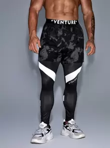 Manfinity Fitness Men Slogan Graphic Reflective 2 In 1 Sports Trousers With Phone Pocket - Black - View 3