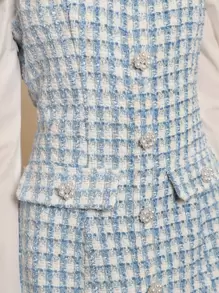 SHEIN MOD Pearls Button Plaid Tweed Pinafore Dress Without Shirt - Blue and White - View 5