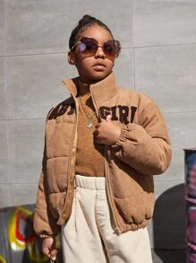 SHEIN Tween Girls Letter Patched Detail Padded Coat - Brown - View 1