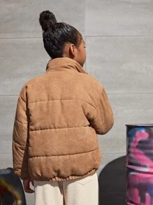 SHEIN Tween Girls Letter Patched Detail Padded Coat - Brown - View 2