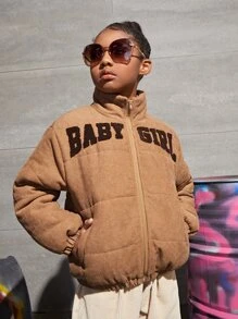 SHEIN Tween Girls Letter Patched Detail Padded Coat - Brown - View 3