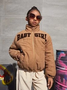 SHEIN Tween Girls Letter Patched Detail Padded Coat - Brown - View 4