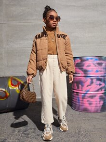 SHEIN Tween Girls Letter Patched Detail Padded Coat - Brown - View 5