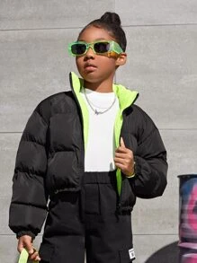 SHEIN Tween Girl Casual Solid Color Two-Way Wearable Padded Coat With Front Zipper And Small Stand Collar In Autumn And Winter - Black - View 1