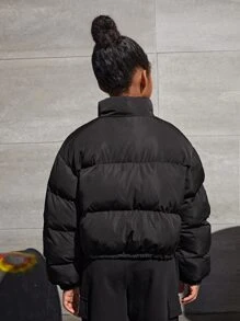 SHEIN Tween Girl Casual Solid Color Two-Way Wearable Padded Coat With Front Zipper And Small Stand Collar In Autumn And Winter - Black - View 2