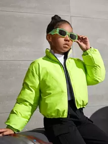 SHEIN Tween Girl Casual Solid Color Two-Way Wearable Padded Coat With Front Zipper And Small Stand Collar In Autumn And Winter - Black - View 3