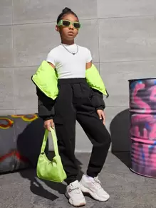 SHEIN Tween Girl Casual Solid Color Two-Way Wearable Padded Coat With Front Zipper And Small Stand Collar In Autumn And Winter - Black - View 4