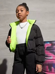 SHEIN Tween Girl Casual Solid Color Two-Way Wearable Padded Coat With Front Zipper And Small Stand Collar In Autumn And Winter - Black - View 5