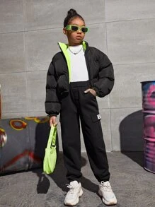 SHEIN Tween Girl Casual Solid Color Two-Way Wearable Padded Coat With Front Zipper And Small Stand Collar In Autumn And Winter - Black - View 6