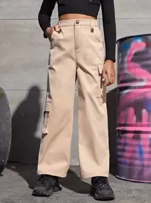 SHEIN Girls Flap Pocket Side Cargo Trousers - Apricot - View 1