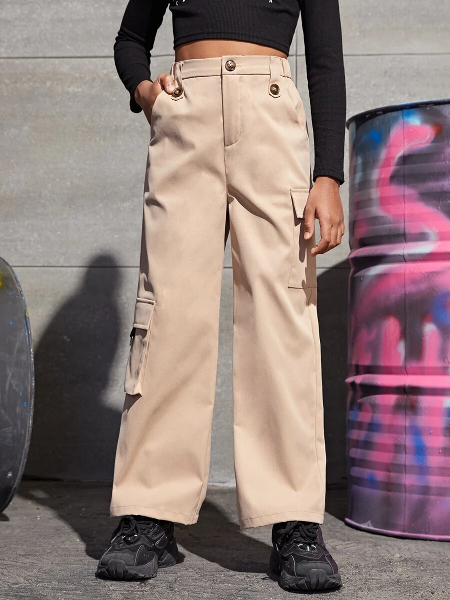 SHEIN Girls Flap Pocket Side Cargo Trousers - Apricot - View 1
