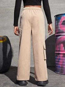 SHEIN Girls Flap Pocket Side Cargo Trousers - Apricot - View 2