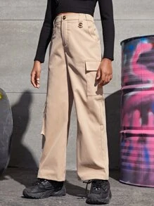 SHEIN Girls Flap Pocket Side Cargo Trousers - Apricot - View 3