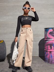 SHEIN Girls Flap Pocket Side Cargo Trousers - Apricot - View 4