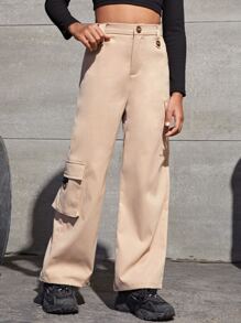 SHEIN Girls Flap Pocket Side Cargo Trousers - Apricot - View 5