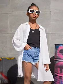 SHEIN Girls Drop Shoulder Longline Shirt Without Cami - White - View 1