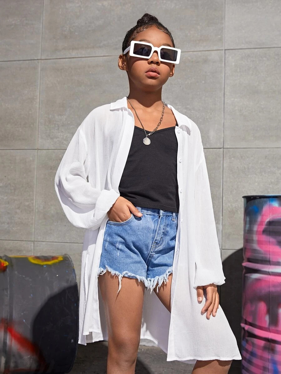 SHEIN Girls Drop Shoulder Longline Shirt Without Cami - White - View 1