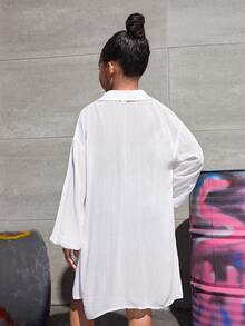 SHEIN Girls Drop Shoulder Longline Shirt Without Cami - White - View 2