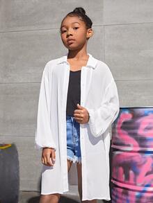 SHEIN Girls Drop Shoulder Longline Shirt Without Cami - White - View 4