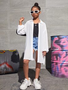 SHEIN Girls Drop Shoulder Longline Shirt Without Cami - White - View 5