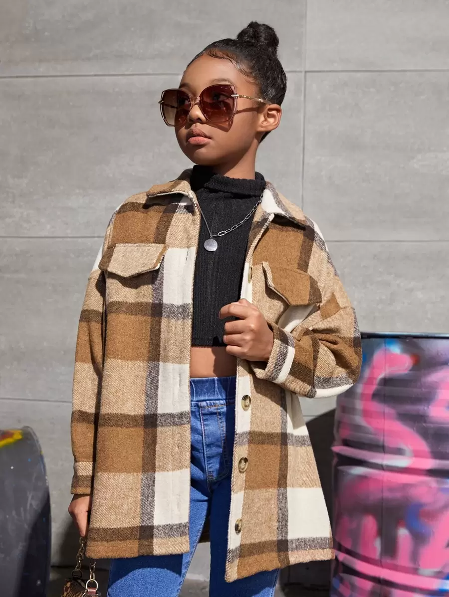SHEIN Girls Plaid Single Breasted Drop Shoulder Overcoat - Multicolor - View 1