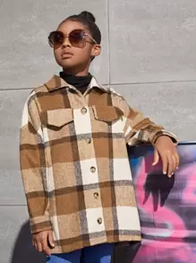 SHEIN Girls Plaid Single Breasted Drop Shoulder Overcoat - Multicolor - View 4
