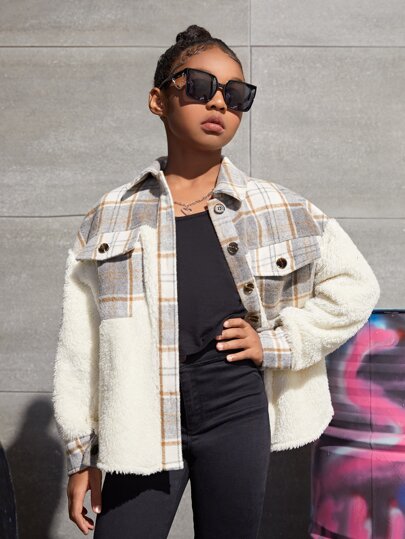SHEIN Girls Plaid Print Drop Shoulder Teddy Coat