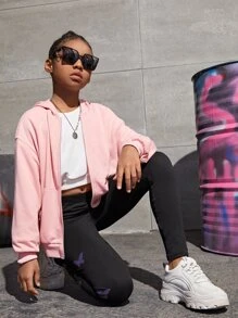 SHEIN Tween Girl Drop Shoulder Zip Up Sweatshirt - Baby Pink - View 3