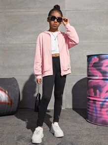 SHEIN Tween Girl Drop Shoulder Zip Up Sweatshirt - Baby Pink - View 4