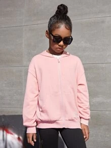 SHEIN Tween Girl Drop Shoulder Zip Up Sweatshirt - Baby Pink - View 5