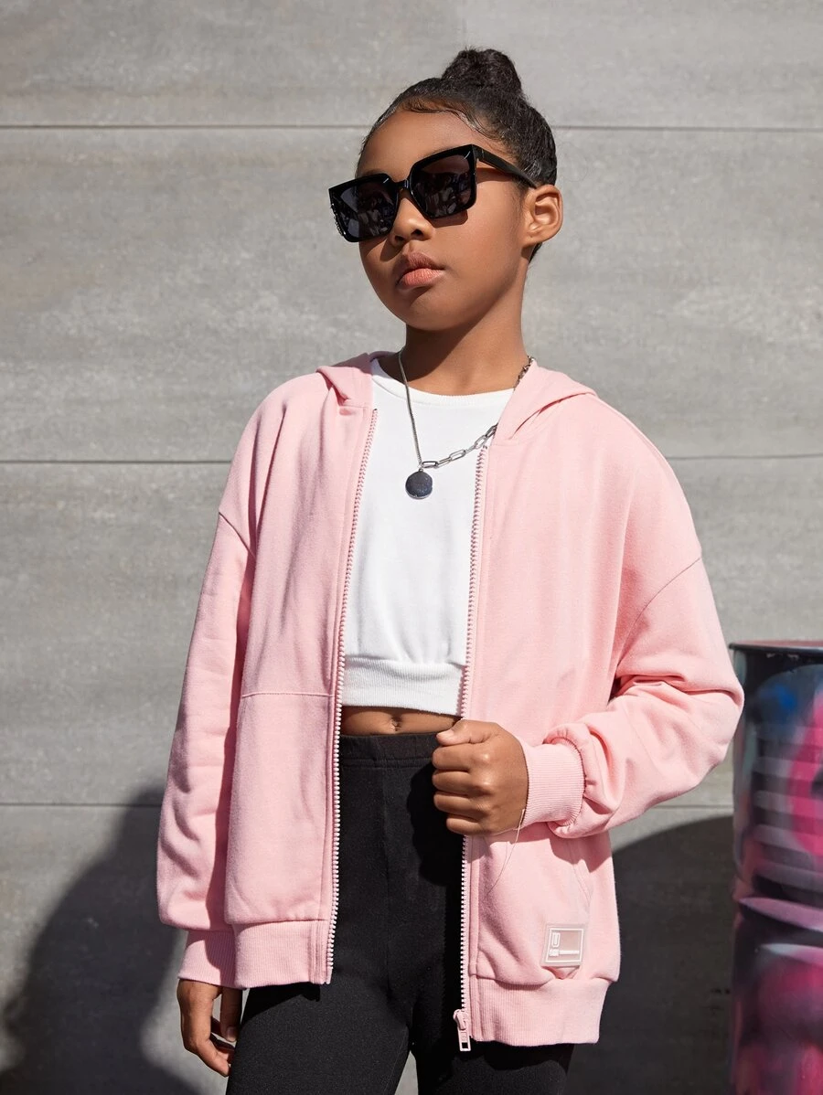 SHEIN Tween Girl Drop Shoulder Zip Up Sweatshirt - Baby Pink - View 1