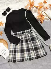 SHEIN Unity Plus Mock Neck Tee & Tartan Skirt - Black and White - View 1