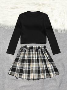 SHEIN Unity Plus Mock Neck Tee & Tartan Skirt - Black and White - View 2