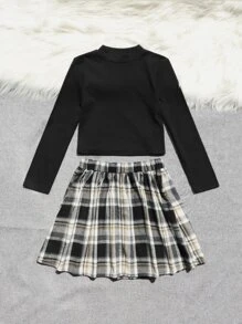 SHEIN Unity Plus Mock Neck Tee & Tartan Skirt - Black and White - View 3
