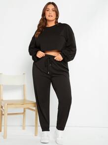 SHEIN Essnce Plus Size Quần thể thao Dây kéo màu trơn - màu đen - Xem 3